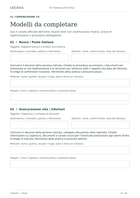 Pagina con modelli di comunicazione per banca e Poste Italiane.