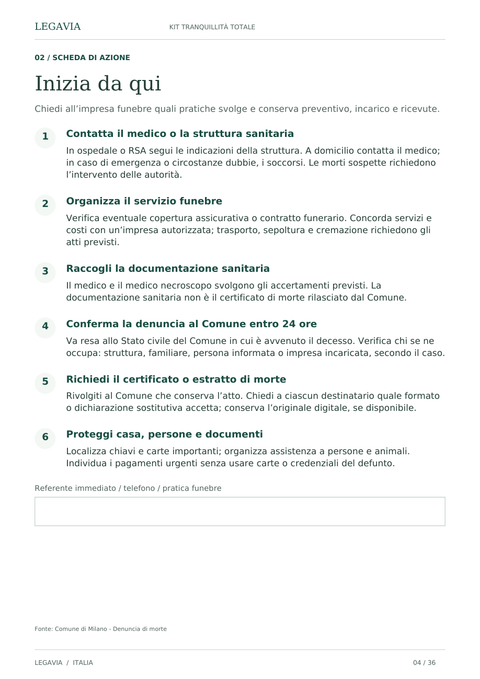 Scheda di azione «Inizia da qui» con sei passi numerati.