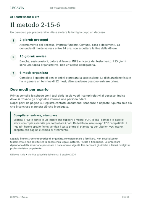 Pagina «Il metodo 2-15-6»: 2 giorni proteggi, 15 giorni avvisa, 6 mesi organizza.