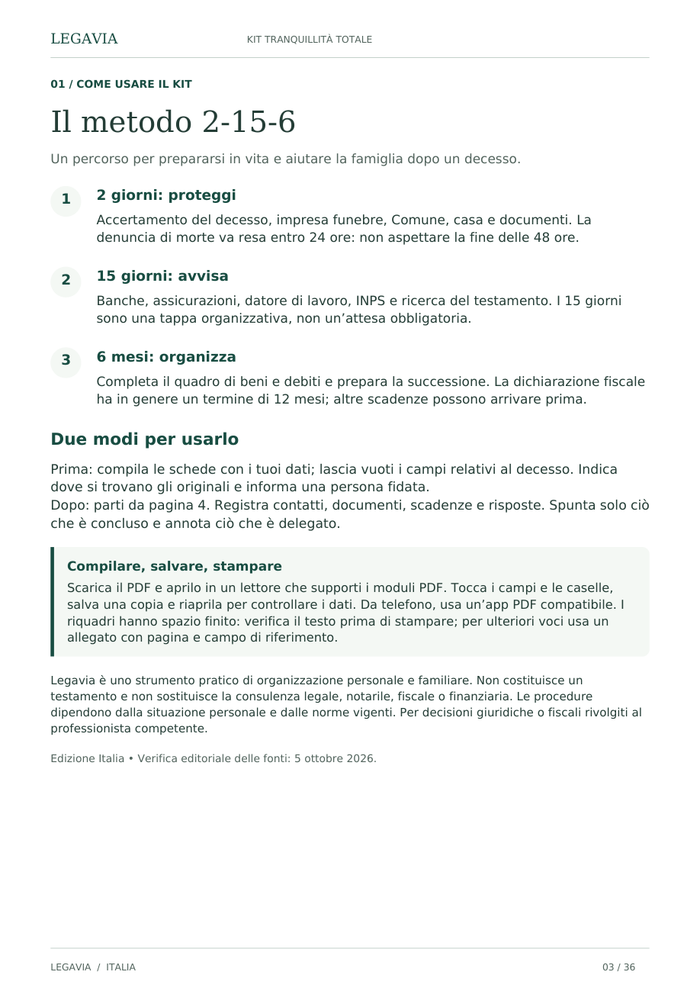 La pagina «Il metodo 2-15-6» del kit Legavia.