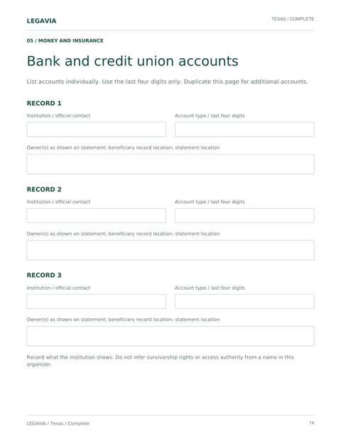 Bank and credit union accounts worksheet with three account records.