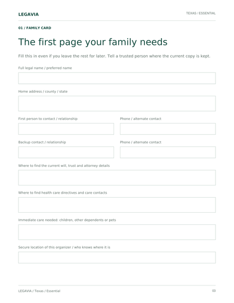 Family card page with fields for first contact, backup contact and where key documents are kept.