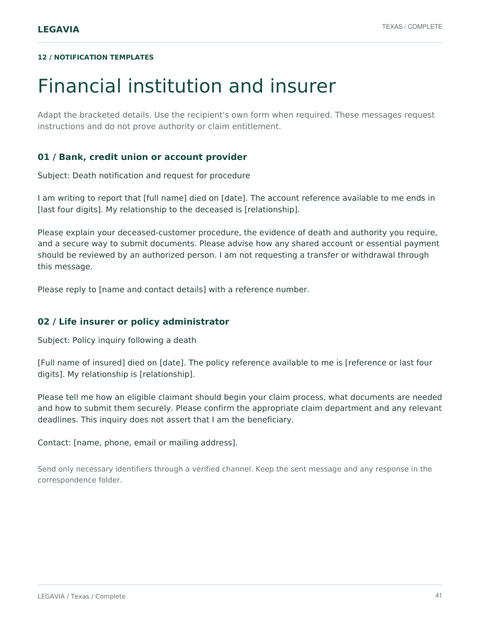 Notification template page with sample messages for a bank and a life insurer.